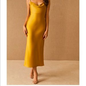 BHLDN Cali Satin Charmeuse Midi Dress, “Olive”/yellow color cowl neck